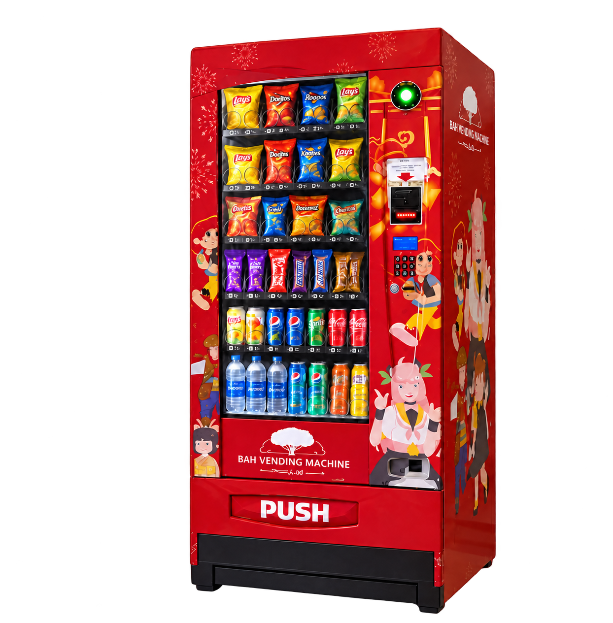 Red BAH vending machine stocked with snacks and beverages